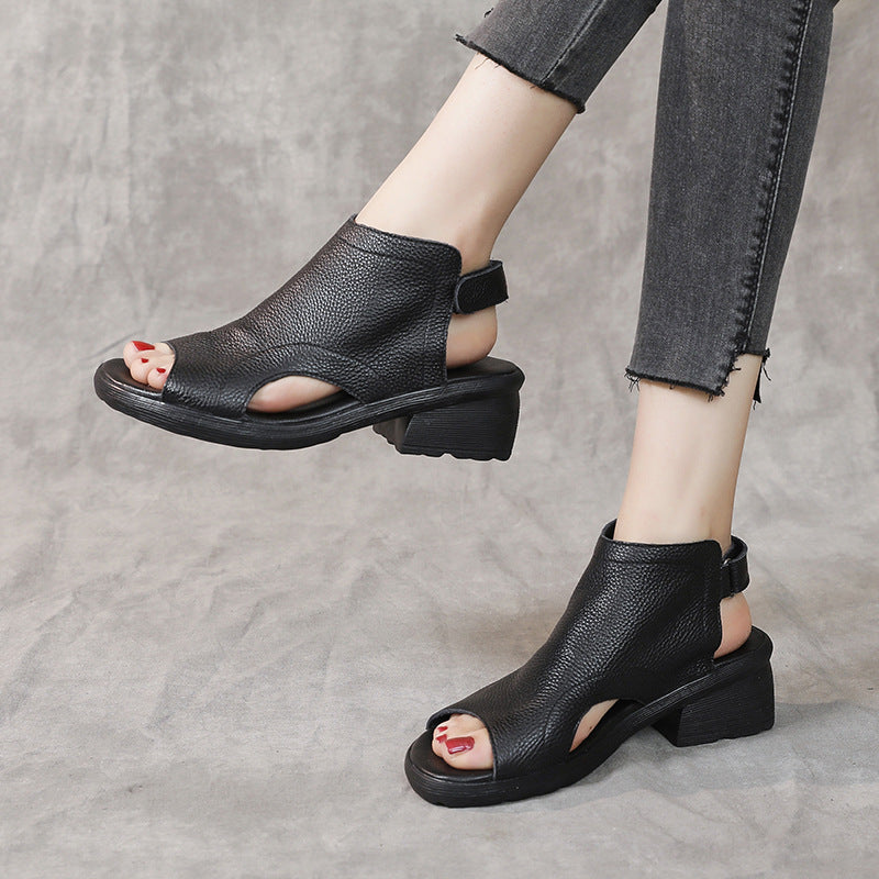 Damskie sandały z prawdziwej skóry z odkrytymi palcami – buty typu slingback z wycięciami i słupkowym obcasem, wygodne na co dzień i do swobodnych stylizacji