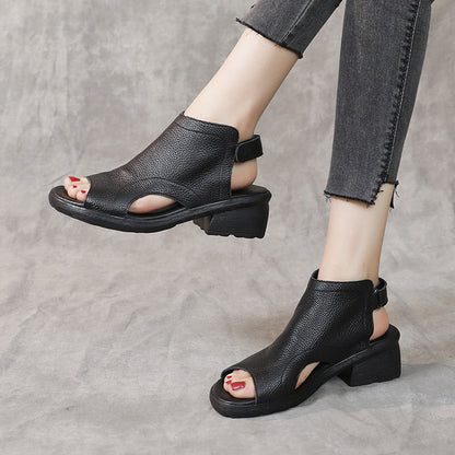Damskie sandały z prawdziwej skóry z odkrytymi palcami – buty typu slingback z wycięciami i słupkowym obcasem, wygodne na co dzień i do swobodnych stylizacji