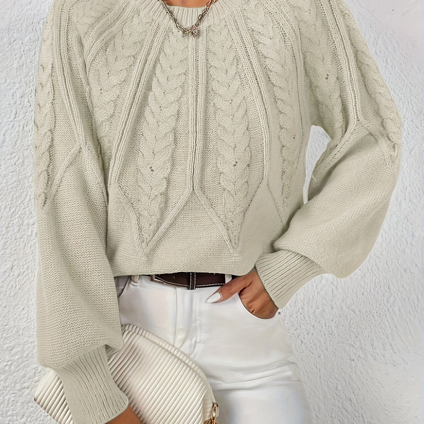 Dame Kabelstrikket Sweater Med Lanterneærmer Og Rund Hals