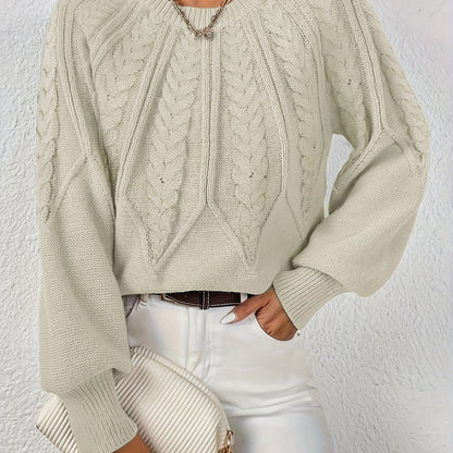 Dame Kabelstrikket Sweater Med Lanterneærmer Og Rund Hals