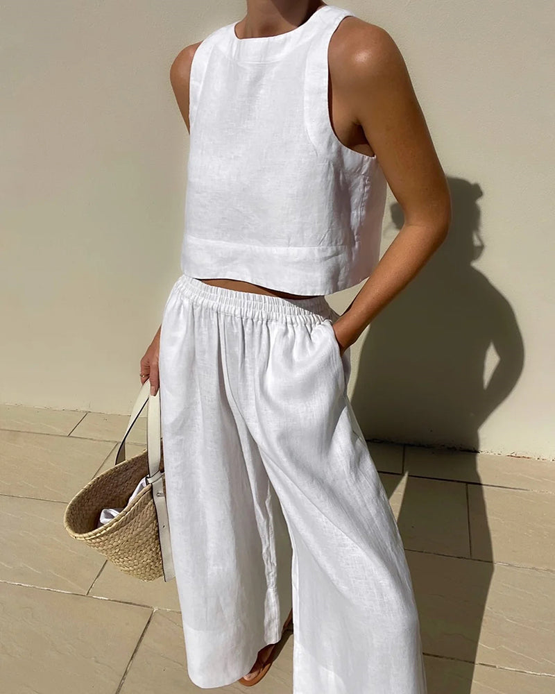 Women's 2-piece cotton and linen set with a sleeveless crop top – wide-leg trousers for summer, vacations, and casual everyday looks