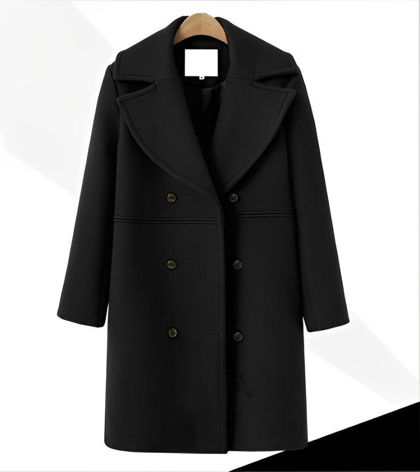Dámský dlouhý dvouřadý vlněný kabát – teplý a elegantní zimní kabát na chladné dny, každodenní nošení a styl smart casual