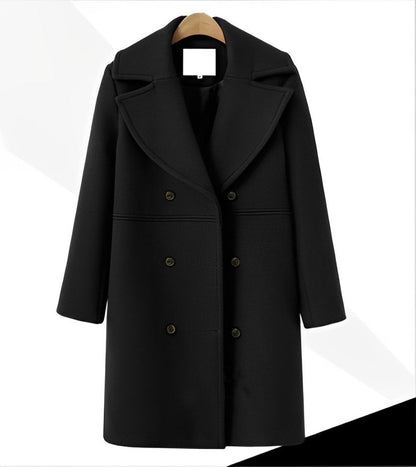 Dámský dlouhý dvouřadý vlněný kabát – teplý a elegantní zimní kabát na chladné dny, každodenní nošení a styl smart casual