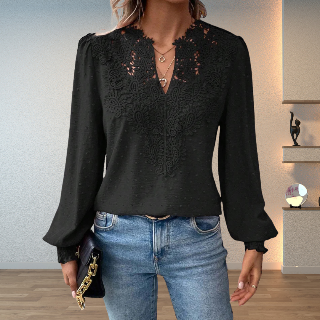 Women's Blouse with Lace Trim and V-Neck – Textured Long-Sleeve Top for Elegant Everyday Wear