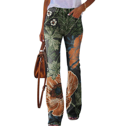 Women's High-Waisted Jeans with Floral Print and Wide Legs – Retro Denim for Everyday Wear, Leisure, Festivals, and Smart-Casual Style