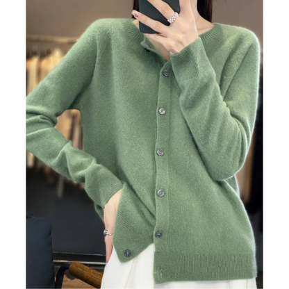 Cardigan de damă din lână merinos și cașmir – tricot elegant cu guler rotund pentru iarnă, birou, purtare zilnică și ocazii festive