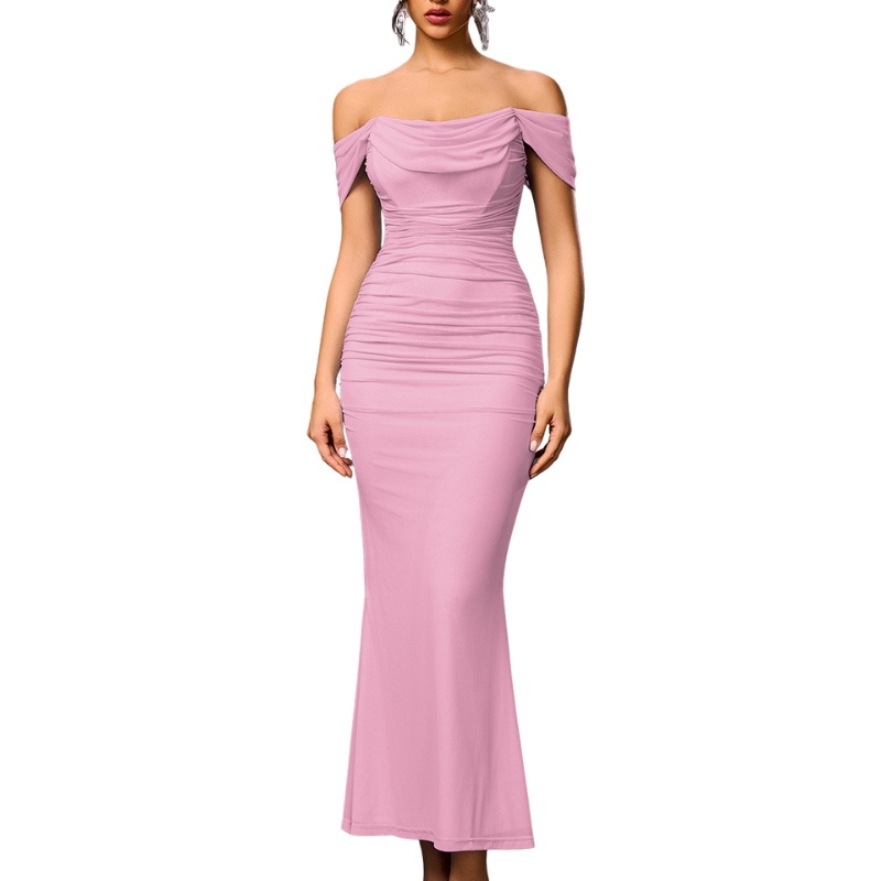 Women's Off-the-Shoulder Maxi Dress with Gathered Details - Fitted, Elegant Dress for Parties, Formal Events, and Romantic Evenings