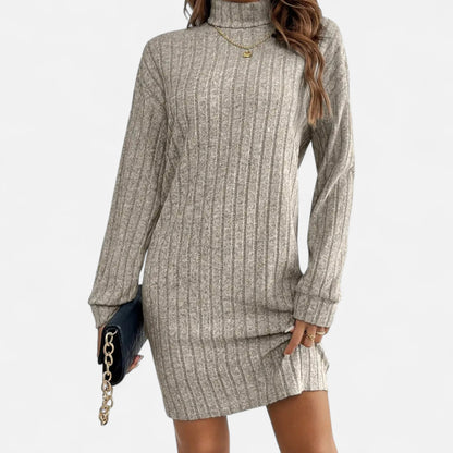 Women's Knitted Dress with High Neck and Textured Knit – Elegant Dress for Autumn, Winter, the Office, and Everyday Wear