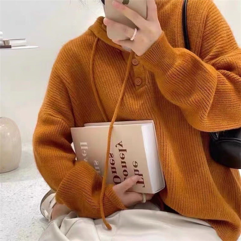 Dame Ribstrikket Sweater Med Hætte Og Knaplukning I Halsen – Afslappet Pullover Til Efterår, Vinter, Hverdagsbrug Og Fritid