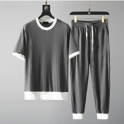 Conjunto de 2 piezas para hombre con camiseta plisada y pantalones jogger relajados - Conjunto casual texturizado para el día a día, el tiempo libre y la relajación