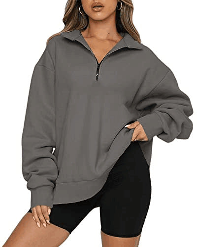 Dame Oversized Half-zip Sweatshirt Med Krave Og Lange Ærmer – Afslappet Pullover Til Hverdagsbrug, Fritid Og Lag-på-lag Styling