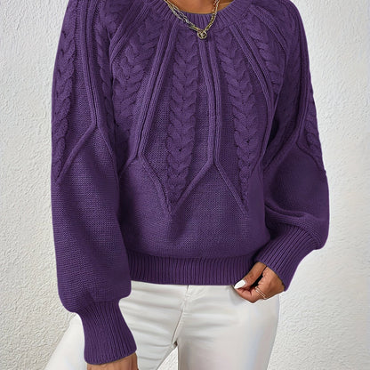 Dame Kabelstrikket Sweater Med Lanterneærmer Og Rund Hals