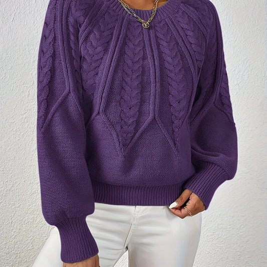 Women's Cable-Knit Sweater with Lantern Sleeves and Crew Neck