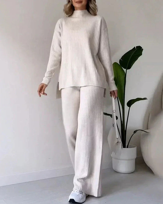 Women's Rib-Knit Lounge Set With Turtleneck Top And Split Hem - Casual Set With Wide-Leg Pants For Everyday Wear, Leisure And Relaxation