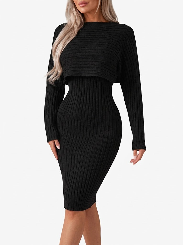 Conjunto de falda midi de 2 piezas de punto acanalado para mujer con top corto de manga larga y falda entallada - elegante conjunto para el trabajo, la ciudad y un estilo smart casual