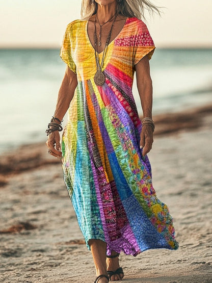 Dame Farverig Boho Maxi Kjole Med Afslappet V Hals