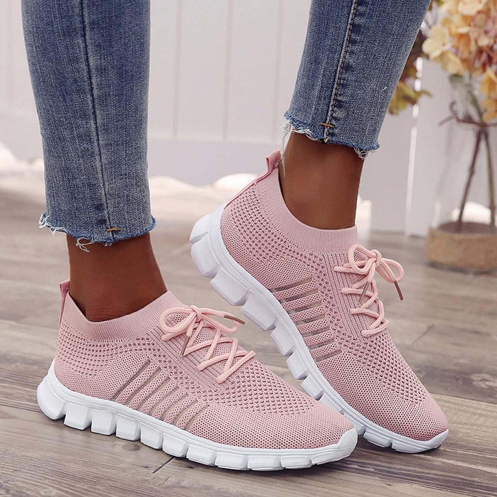 Women's Lightweight Knit Sneakers with Laces and Breathable Design – Flexible Training Shoes with Segmented Soles for Everyday Wear, Fitness and Leisure