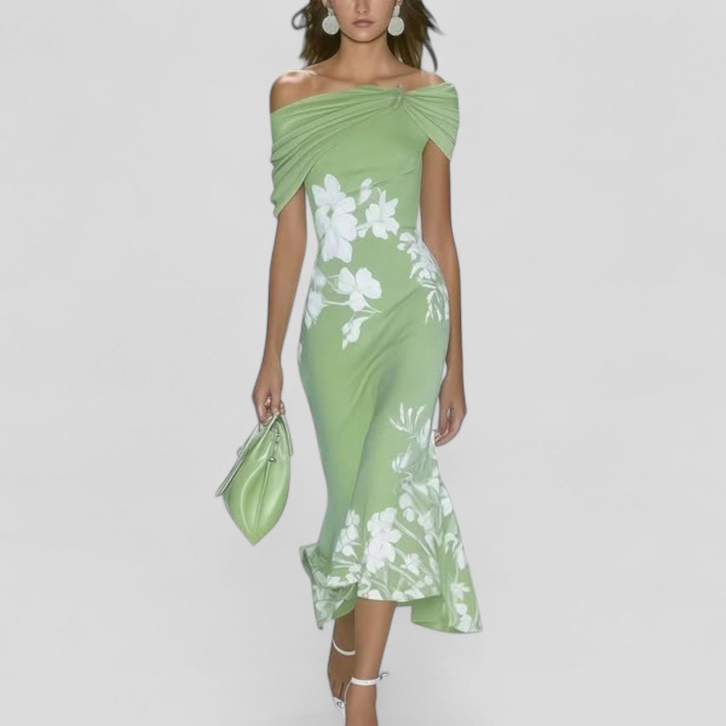 Dame Off-Shoulder Blomstret Midikjole Med Elegant Silhuet