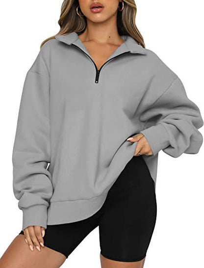 Dame Oversized Half-zip Sweatshirt Med Krave Og Lange Ærmer – Afslappet Pullover Til Hverdagsbrug, Fritid Og Lag-på-lag Styling