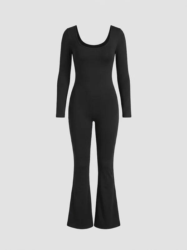 Women's Long-Sleeve Jumpsuit with Square Neckline and Flared Legs – Figure-Hugging Style for Parties, Everyday Wear and Special Occasions