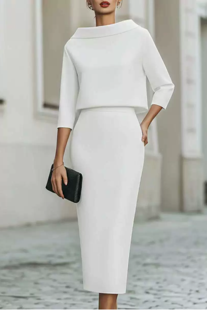 Women's Two-Piece Set with Top and Midi Skirt with 3/4 Sleeves - Elegant Outfit for Formal Events, Celebrations, and Stylish Dinners