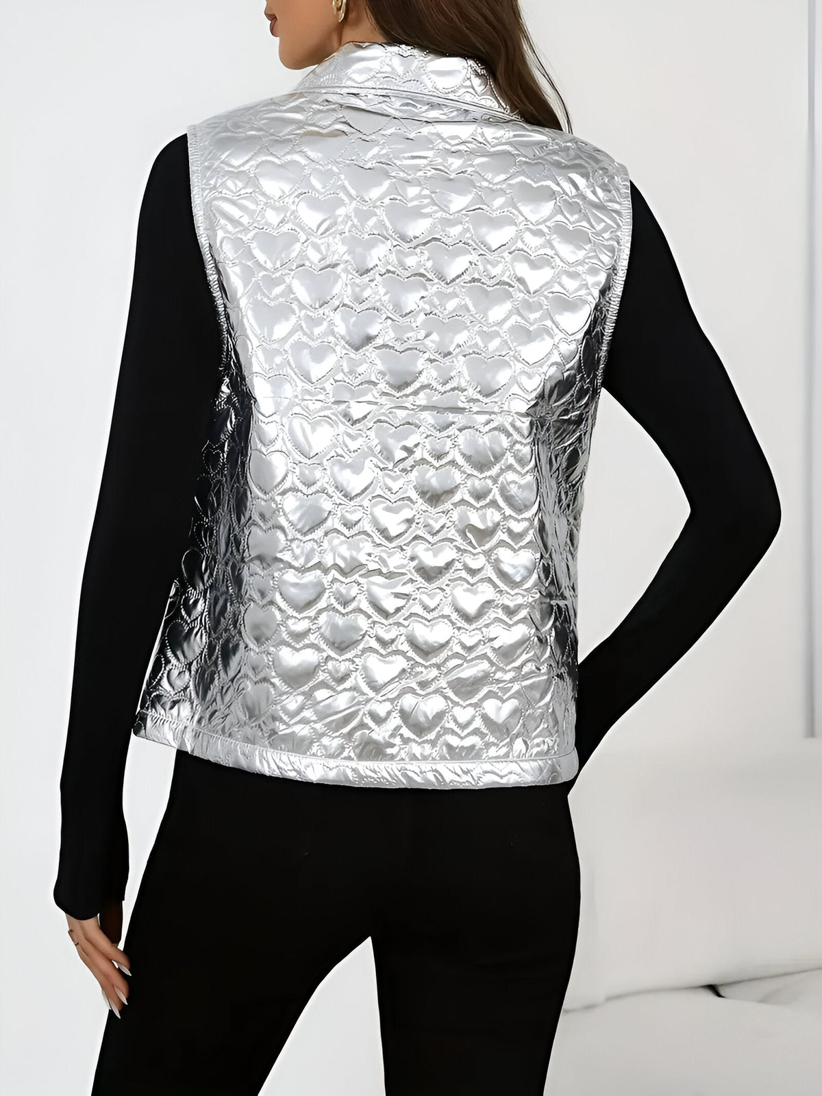 Women's Metallic Quilted Vest with Heart-Shaped Stitching – Sleeveless, Stylish Top for Fall, Winter, and Smart Casual Wear