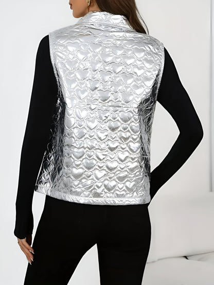 Women's Metallic Quilted Vest with Heart-Shaped Stitching – Sleeveless, Stylish Top for Fall, Winter, and Smart Casual Wear