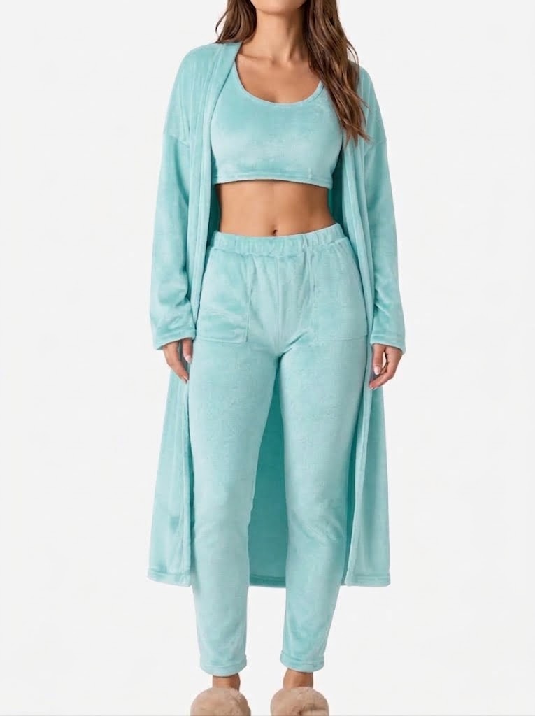 Conjunto de estar por casa de felpa de 3 piezas para mujer con camiseta de tirantes corta, cárdigan largo y pantalón con cintura elástica - conjunto suave y cómodo para casa, viajes y relajación