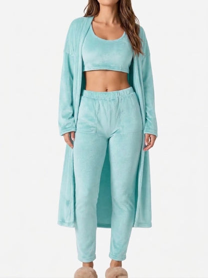 Conjunto de estar por casa de felpa de 3 piezas para mujer con camiseta de tirantes corta, cárdigan largo y pantalón con cintura elástica - conjunto suave y cómodo para casa, viajes y relajación