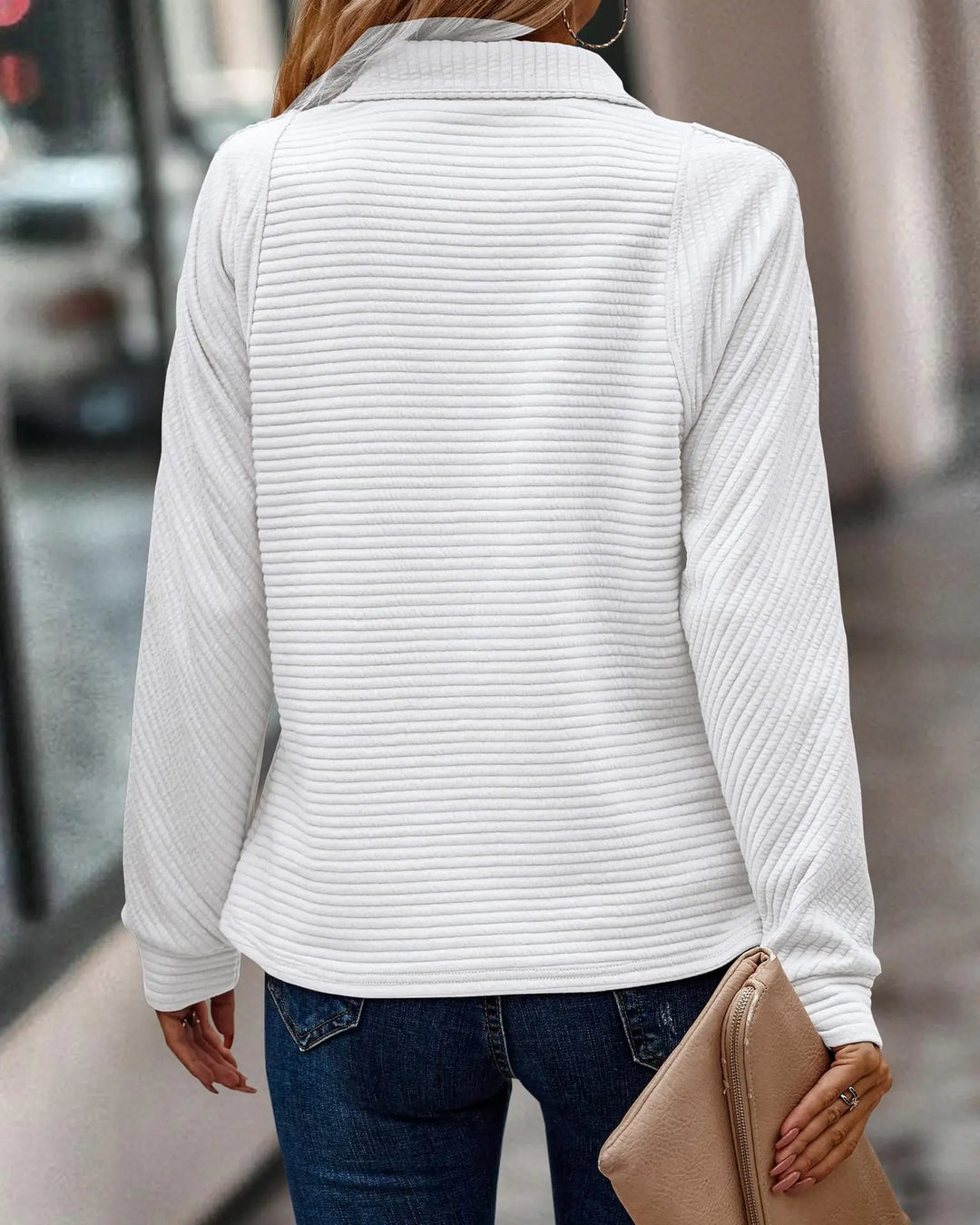Dame Ribbet Afslappet Sweater Med Halv Lynlås Og Ståkrave