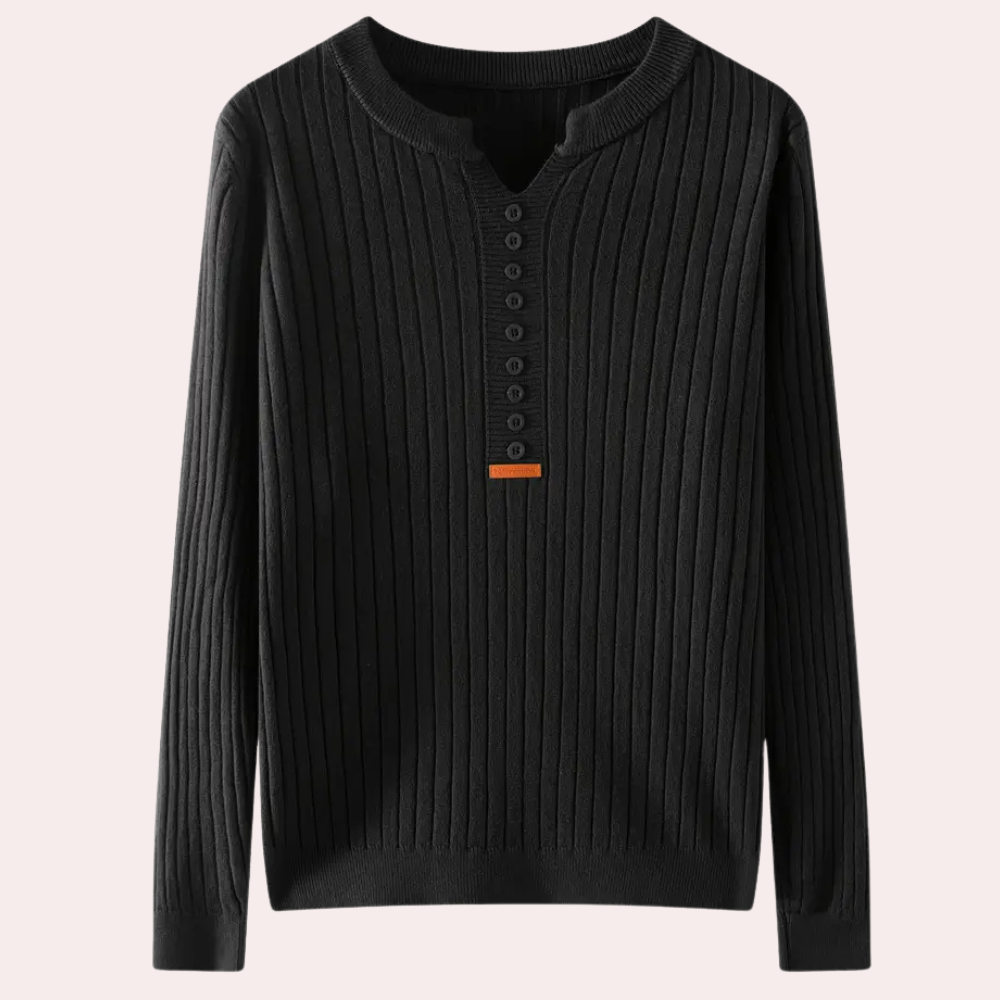 Dame Ribbet Langærmet Striksweater Med Knapudskæring