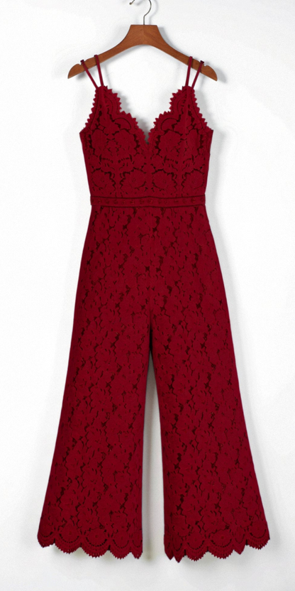 Dame Jumpsuit Med Brede Ben, Blondedetaljer Og V-hals – Elegant Heldragt Med Spaghettistropper Til Bryllupper, Aftenarrangementer Og Festlige Anledninger