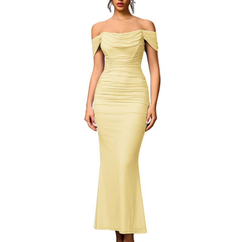 Women's Off-the-Shoulder Maxi Dress with Gathered Details - Fitted, Elegant Dress for Parties, Formal Events, and Romantic Evenings