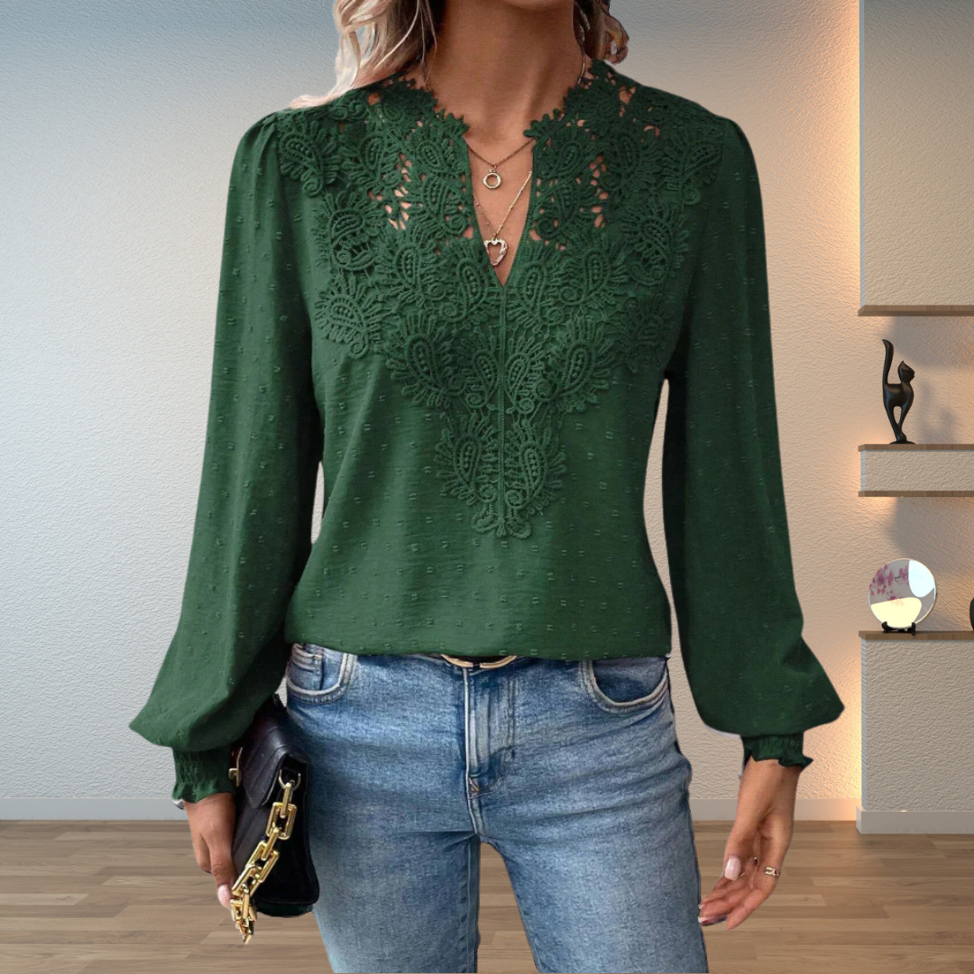 Women's Blouse with Lace Trim and V-Neck – Textured Long-Sleeve Top for Elegant Everyday Wear