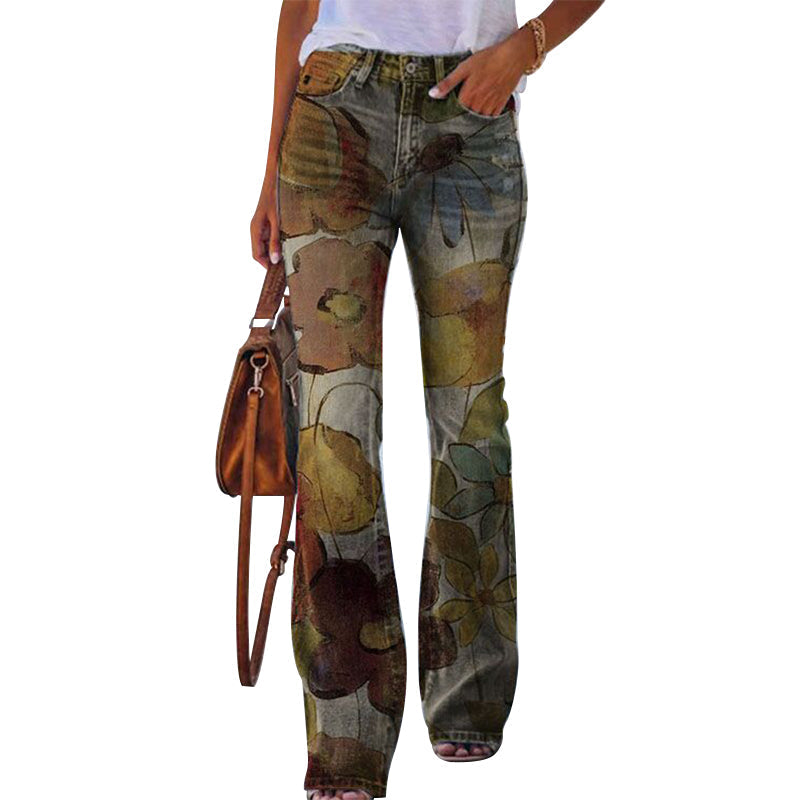 Women's High-Waisted Jeans with Floral Print and Wide Legs – Retro Denim for Everyday Wear, Leisure, Festivals, and Smart-Casual Style