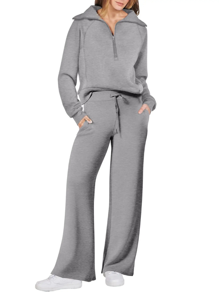 Damski zestaw wypoczynkowy half-zip z kołnierzykiem i pulowerem oraz spodniami z szerokimi nogawkami i sznurkiem – swobodny 2-częściowy zestaw na co dzień, czas wolny i relaks