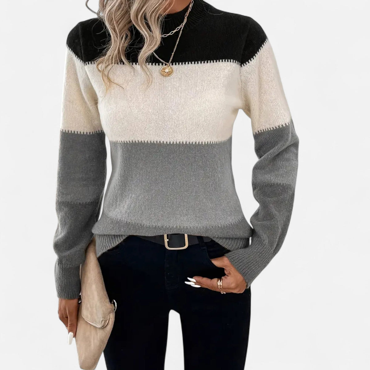 Suéter de punto a rayas para mujer con cuello redondo - Suéter clásico para otoño, invierno, uso diario y estilo smart casual