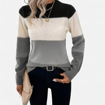 Suéter de punto a rayas para mujer con cuello redondo - Suéter clásico para otoño, invierno, uso diario y estilo smart casual