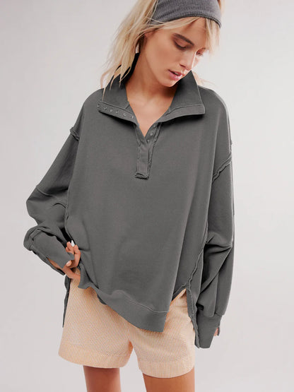 Dámská oversized mikina ve stylu Henley s viditelnými švy a balónovými rukávy – ležérní pulovr pro každodenní nošení, volný čas a ležérní styl