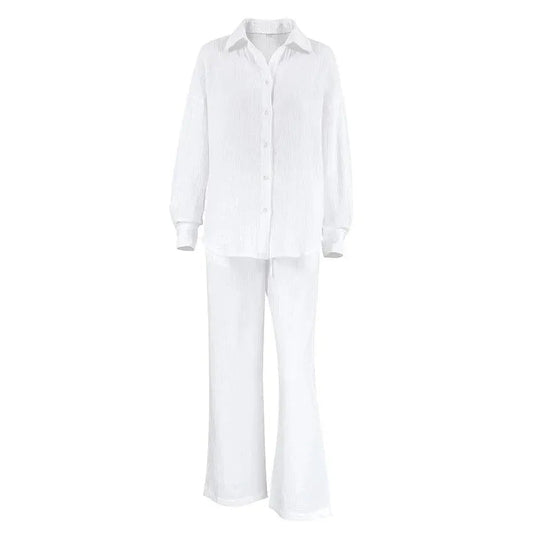 Set de damă din bumbac, cu cămașă și pantaloni, cămașă lejeră cu mâneci lungi și închidere cu nasturi și pantaloni cu croială largă - set confortabil pentru acasă, purtare zilnică și timp liber