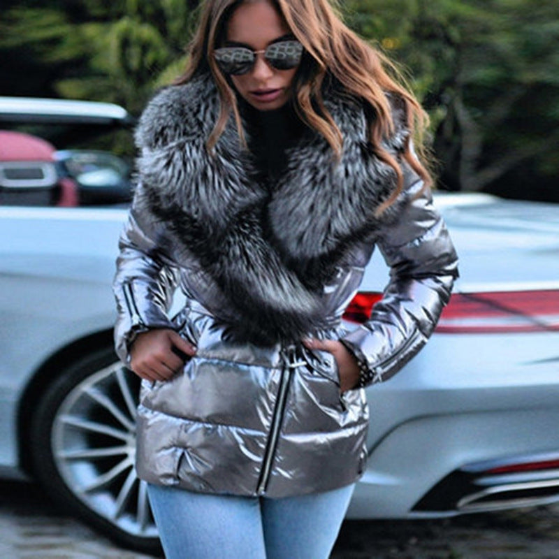 Women's Metallic Puffer Jacket with Belt and Faux-Fur Shawl Collar - Quilted Winter Outerwear for Cold Days, Everyday Wear, and an Elegant Style