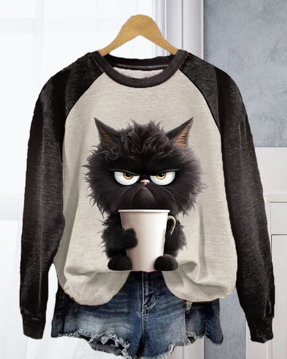 Dame Sweatshirt Med Grumpy Cat- Og Kaffeprint Samt Raglanærmer – Afslappet Pullover Til Efterår, Hverdagsbrug Og Casual Stil