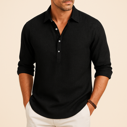 Herre Tekstureret Langærmet Poloshirt – Afslappet Smart Casual Top til Forår og Rejser