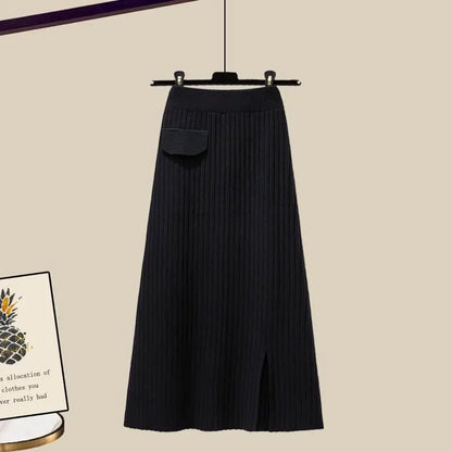 Dámská třídílná zimní souprava s košilí, pleteným přehozem přes ramena a žebrovanou maxi sukní - elegantní outfit na podzim, zimu a každodenní nošení