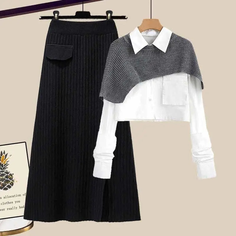 Dámská třídílná zimní souprava s košilí, pleteným přehozem přes ramena a žebrovanou maxi sukní - elegantní outfit na podzim, zimu a každodenní nošení