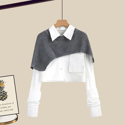 Dámská třídílná zimní souprava s košilí, pleteným přehozem přes ramena a žebrovanou maxi sukní - elegantní outfit na podzim, zimu a každodenní nošení