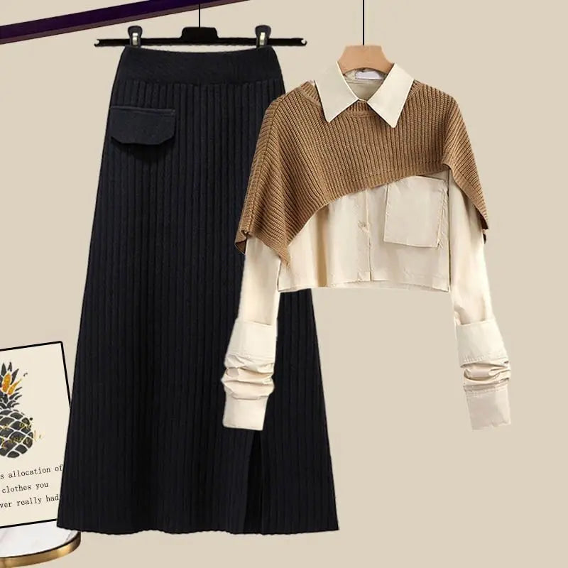 Dámská třídílná zimní souprava s košilí, pleteným přehozem přes ramena a žebrovanou maxi sukní - elegantní outfit na podzim, zimu a každodenní nošení