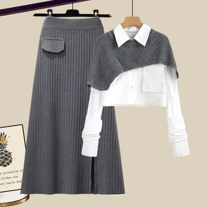 Dámská třídílná zimní souprava s košilí, pleteným přehozem přes ramena a žebrovanou maxi sukní - elegantní outfit na podzim, zimu a každodenní nošení