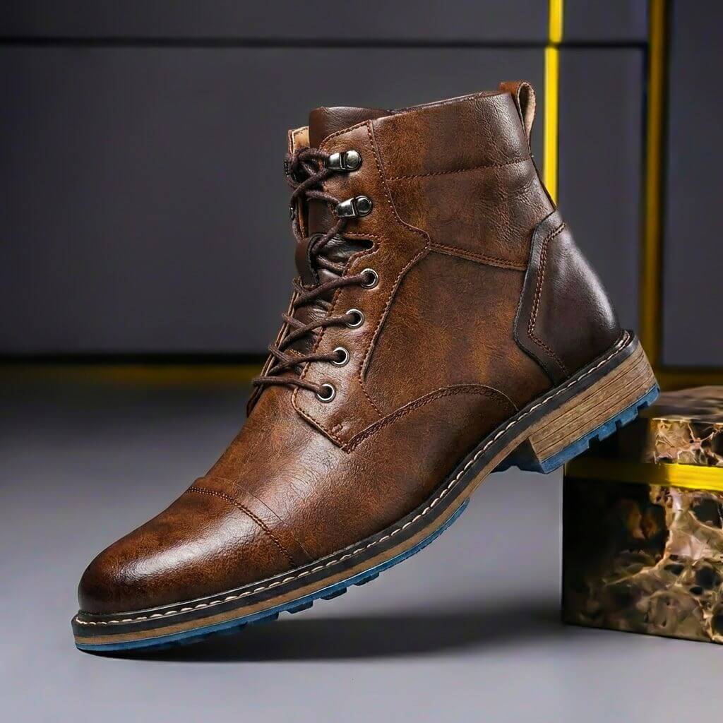 Men's Genuine Leather Boots with Cap Toe and Lace-Up Closure – Classic Ankle Boots for Winter, Work, Leisure, and Smart Casual Style