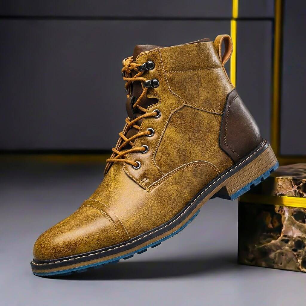 Men's Genuine Leather Boots with Cap Toe and Lace-Up Closure – Classic Ankle Boots for Winter, Work, Leisure, and Smart Casual Style